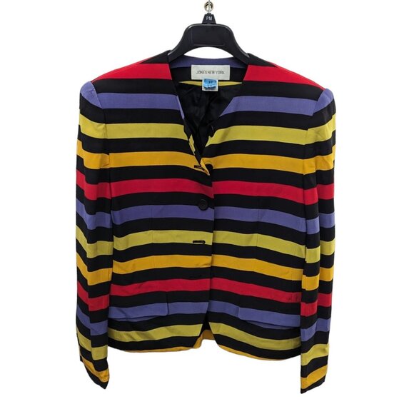 Vintage Y2K Jones New York 100% Silk Rainbow Striped Blazer Career Jacket 10 Med - Picture 7 of 8